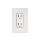 White double electrical outlet with two rectangular receptacles on a light gray wall plate