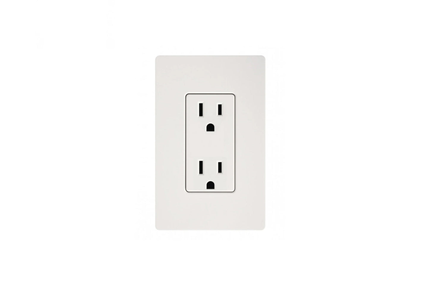 White double electrical outlet with two rectangular receptacles on a light gray wall plate