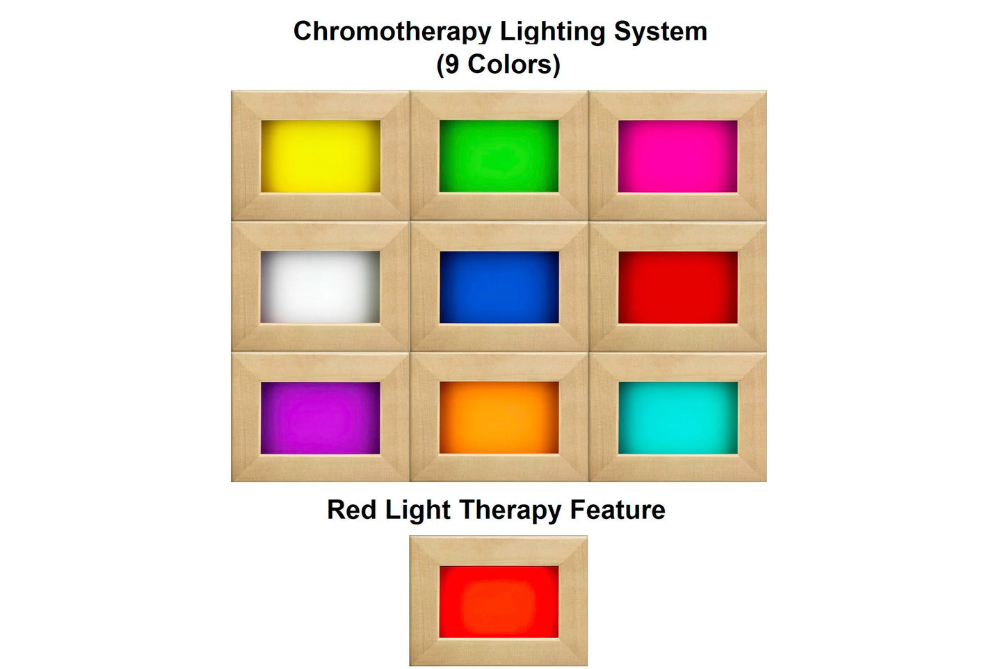 Chromotherapy lighting system with nine color options in wooden frames: yellow, green, magenta, white, blue, red, purple, ora