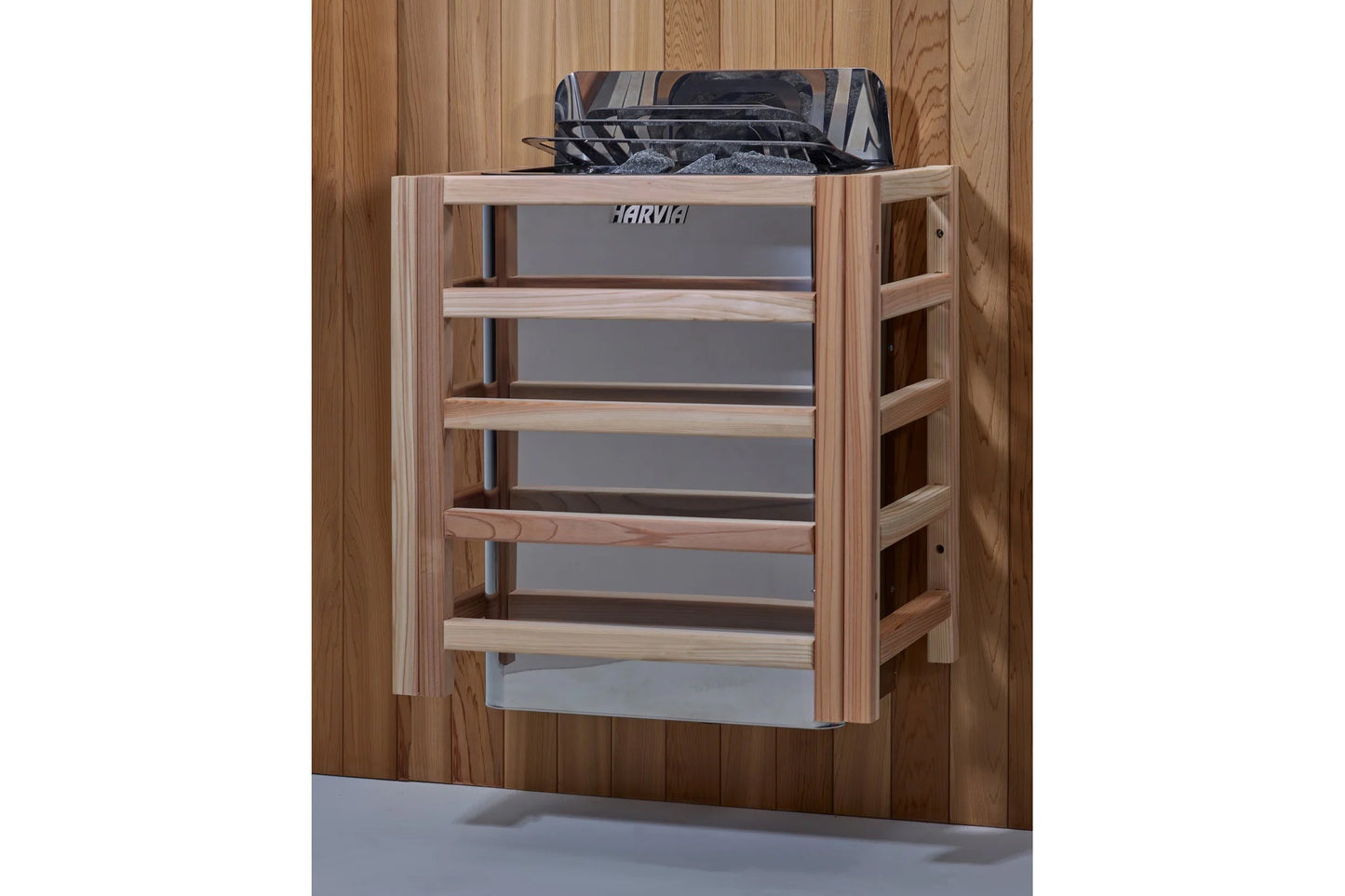 Harvia sauna heater with wooden shelving unit and gray interior panels mounted on wooden wall background