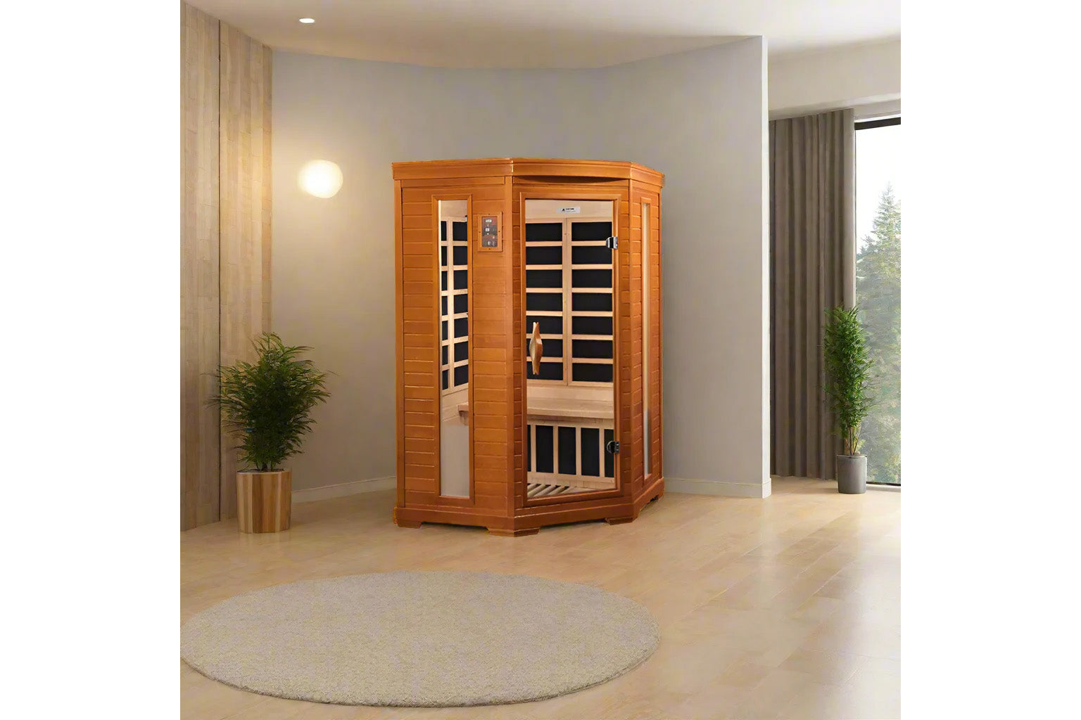 Cedar two-person infrared sauna with glass doors and interior benches, displayed in modern bedroom setting
