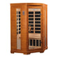 Two-person cedar infrared sauna with curved roof, glass front doors with black interior heating panels, digital control panel