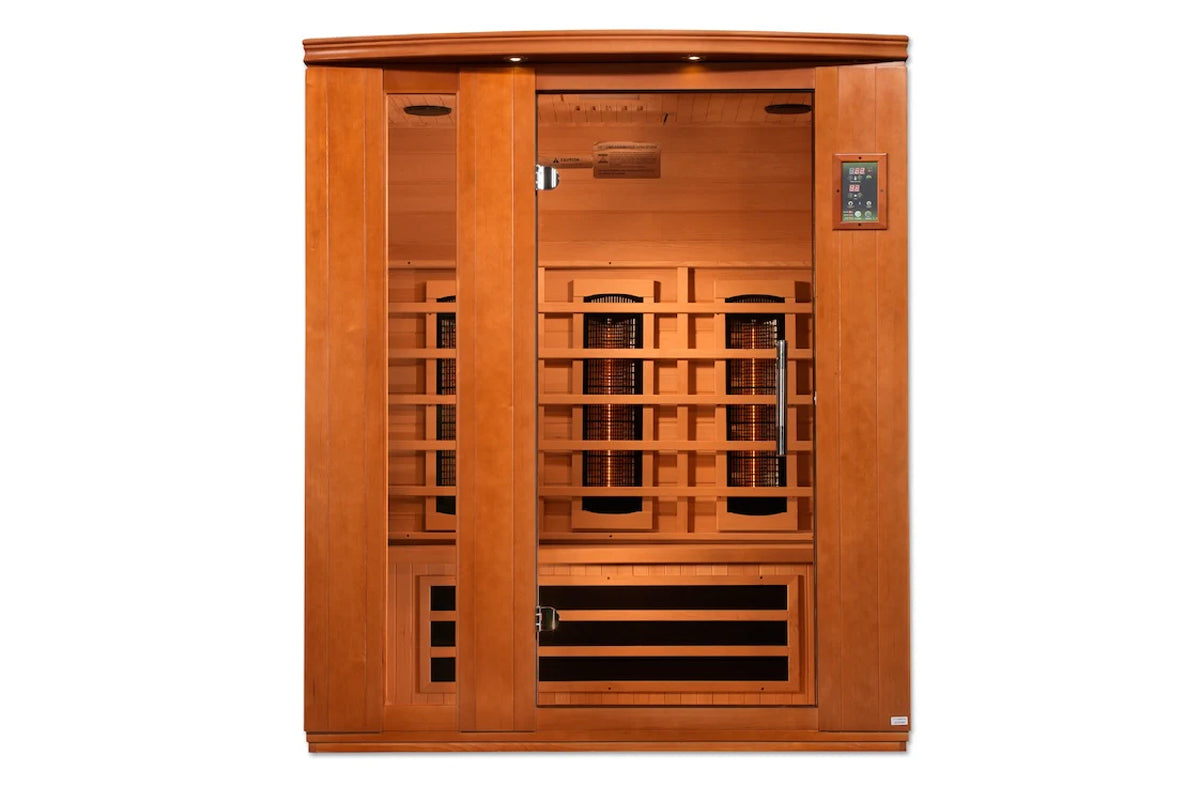 Golden Designs Lugano 3-person far infrared sauna with cedar wood construction, glass door, and digital control panel on whit