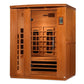 Golden Designs Lugano 3-person far infrared sauna in light wood with open door showing interior heaters and digital control p