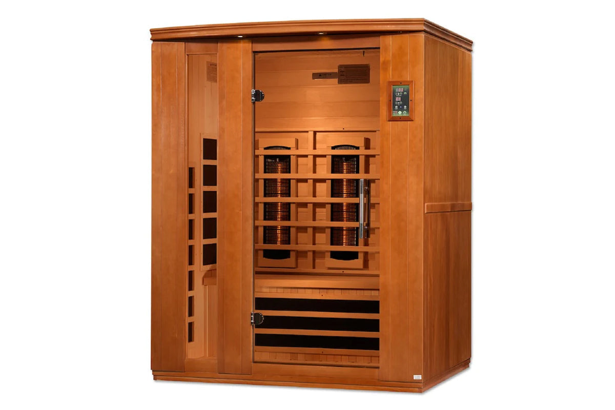 Golden Designs Lugano 3-person far infrared sauna in light wood with open door showing interior heaters and digital control p