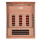 Light wood infrared sauna with open door showing nine red heating panels and black vents, on white background