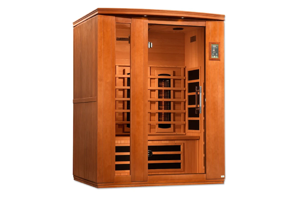 Golden Designs Lugano 3-person far infrared sauna with cedarwood exterior, glass door panel, and digital control panel on whi