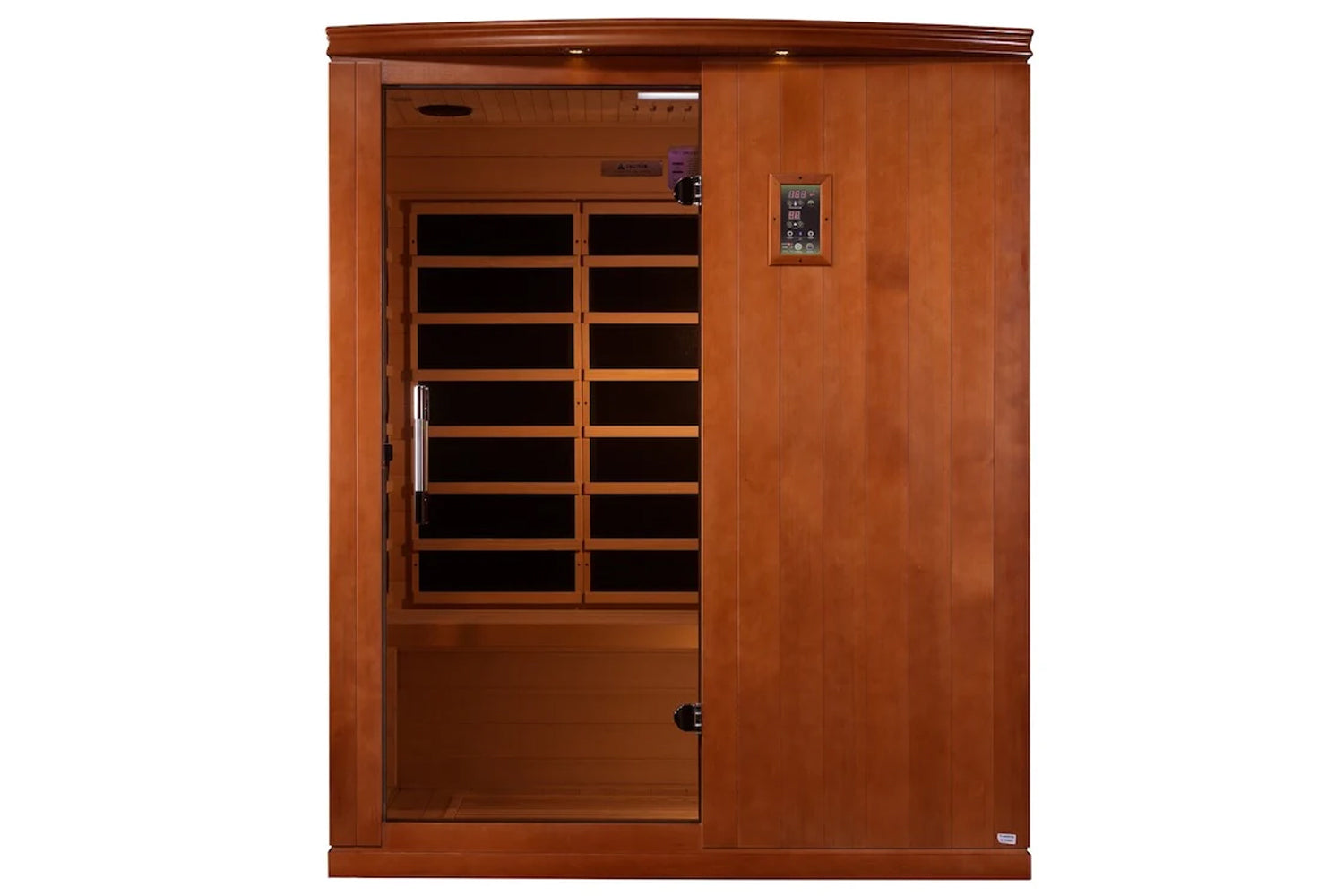 Cedar wood infrared sauna cabin with glass front door, interior bench seating, and digital control panel on right side agains