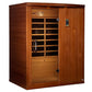 Dynamic Madrid Elite 3-person infrared sauna with hemlock wood construction, glass front door with wooden frame, interior ben