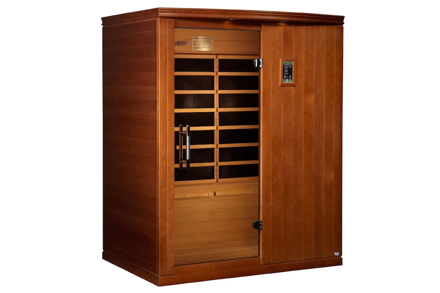 Dynamic Madrid Elite 3-person infrared sauna with hemlock wood construction, glass front door with wooden frame, interior ben