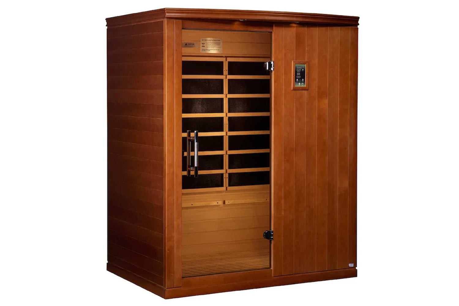 Dynamic Madrid Elite 3-person infrared sauna with hemlock wood construction, glass front door with wooden frame, interior ben
