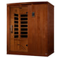 Cedar wood infrared sauna cabin with glass door panel, wooden interior benches, control panel, and chrome handles on white ba
