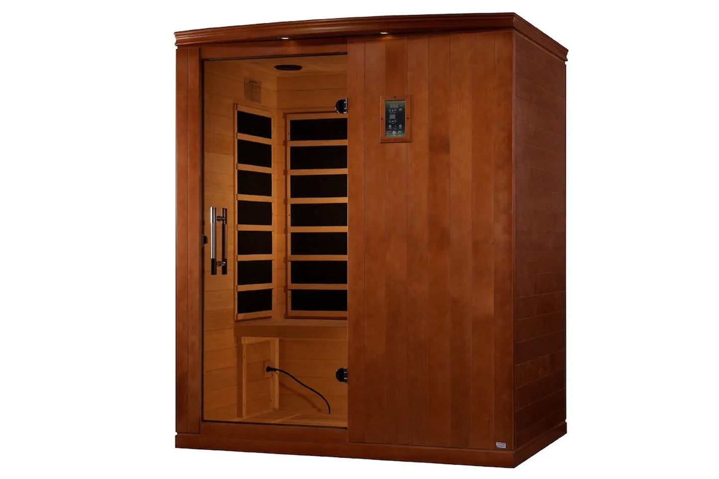 Cedar wood infrared sauna cabin with glass door panel, wooden interior benches, control panel, and chrome handles on white ba