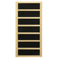 Natural wood sauna cabinet with seven black infrared heating panels and horizontal dividers, shown on white background