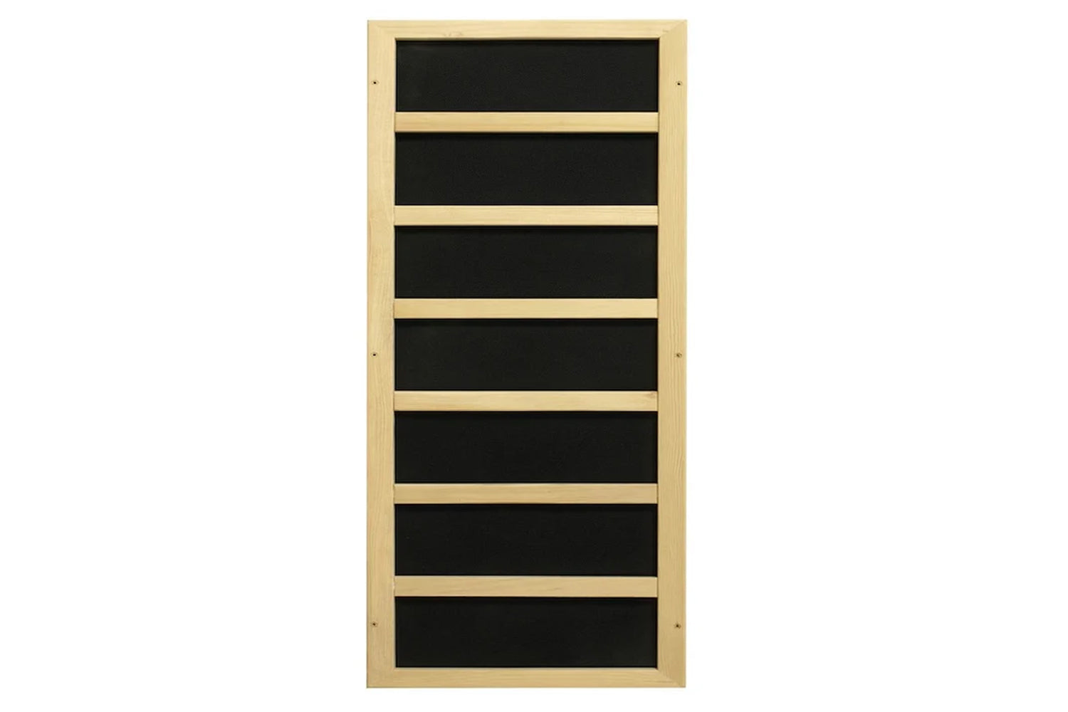 Natural wood sauna cabinet with seven black infrared heating panels and horizontal dividers, shown on white background