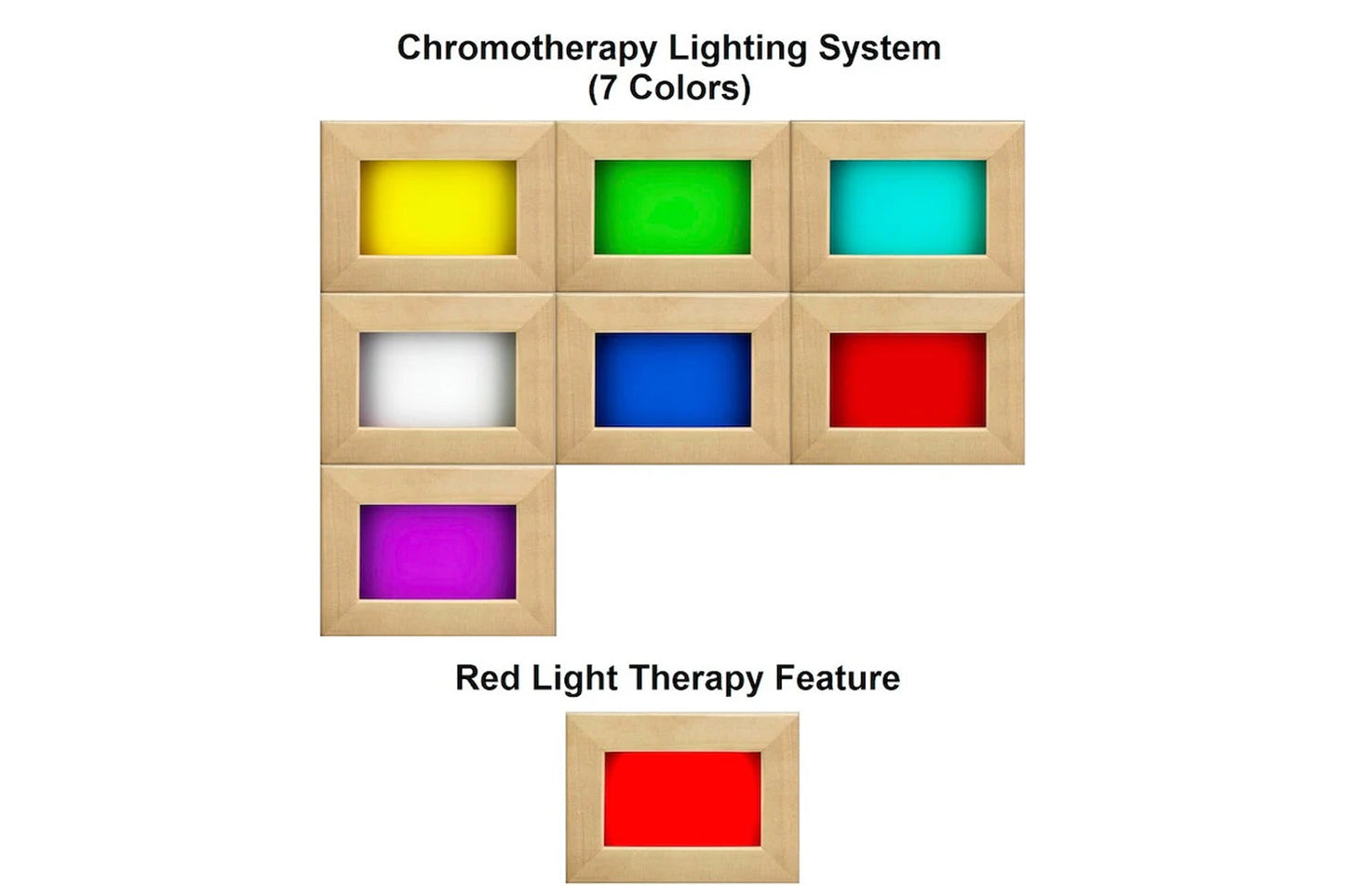 Chromotherapy lighting system with 7 color options in natural wood panels: yellow, green, cyan, white, blue, red, and magenta