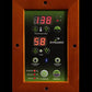 Digital control panel with wood frame displaying temperature 99.8°F, time 59 minutes, and function buttons for exterior light