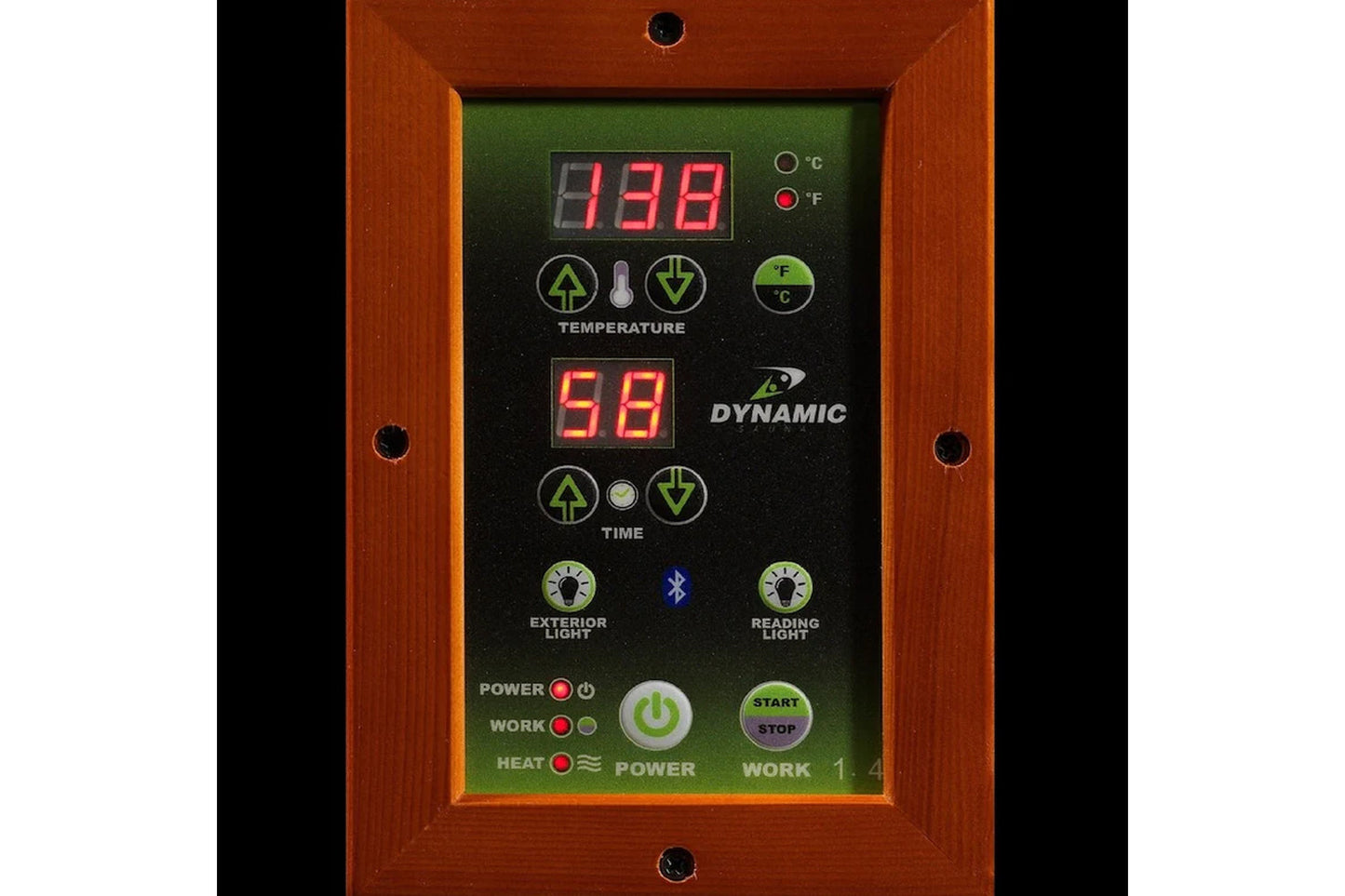 Digital control panel with wood frame displaying temperature 99.8°F, time 59 minutes, and function buttons for exterior light