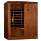Dynamic Madrid Elite 3-person infrared sauna in honey-toned hemlock wood with glass door and control panel on white backgroun