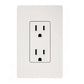White dual electrical outlet with black slots and rounded corners on light gray wall plate