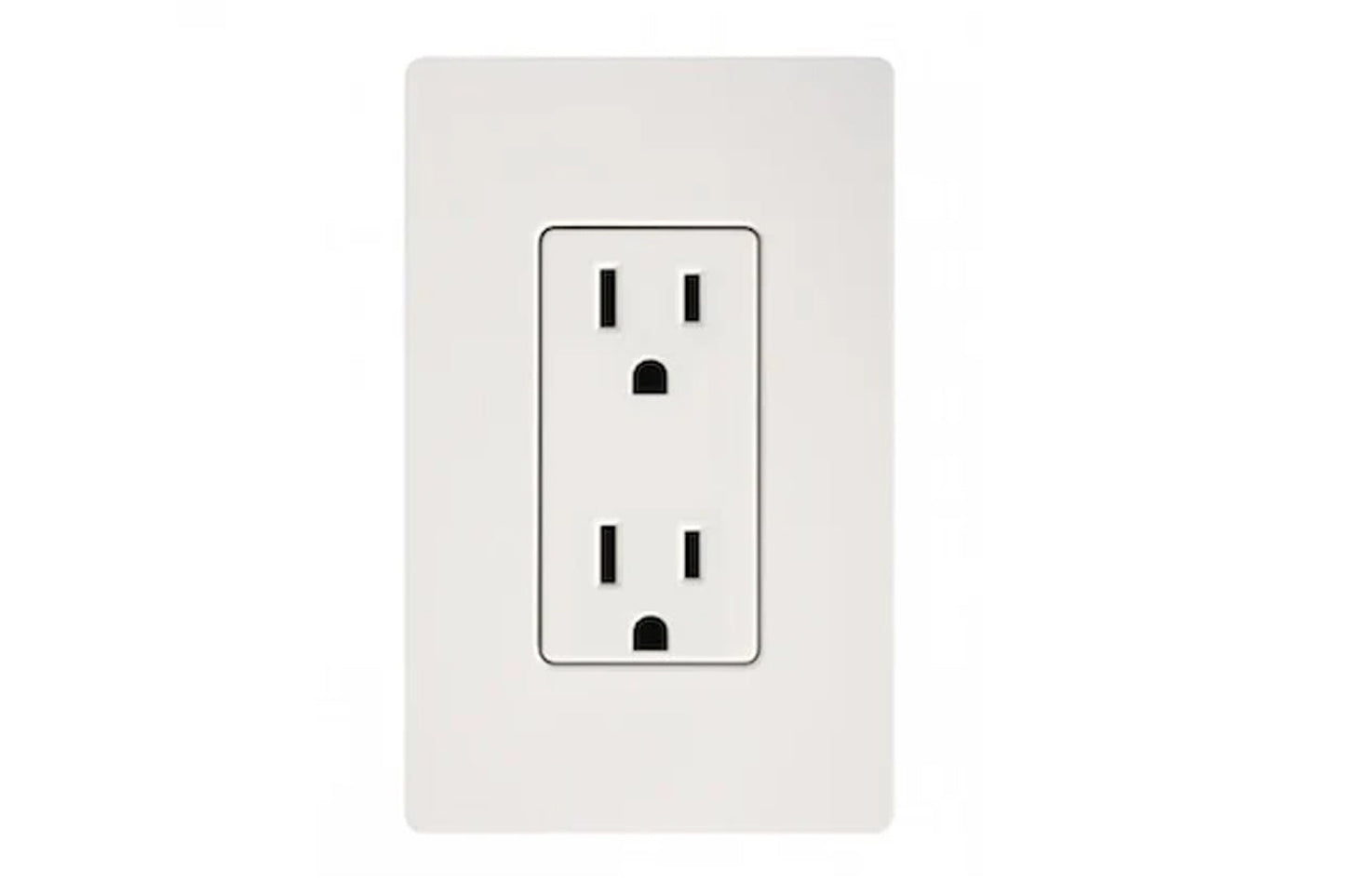 White dual electrical outlet with black slots and rounded corners on light gray wall plate