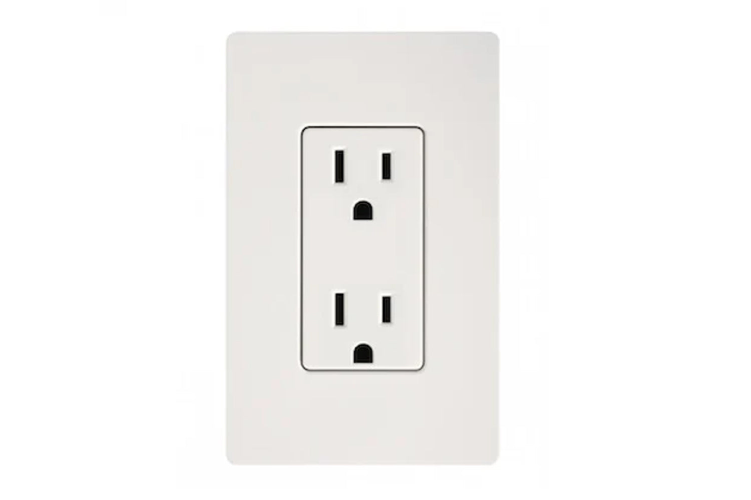White dual electrical outlet with black slots and rounded corners on light gray wall plate
