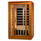 Golden honey-toned wooden infrared sauna cabin with glass front door and black heating panels visible inside, on white backgr