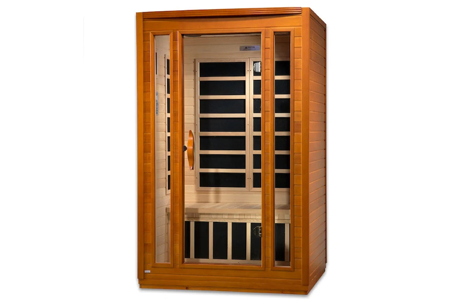 Golden honey-toned wooden infrared sauna cabin with glass front door and black heating panels visible inside, on white backgr
