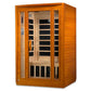 Golden wood infrared sauna cabinet with glass front door panels, interior wooden benches, and black carbon heaters visible in