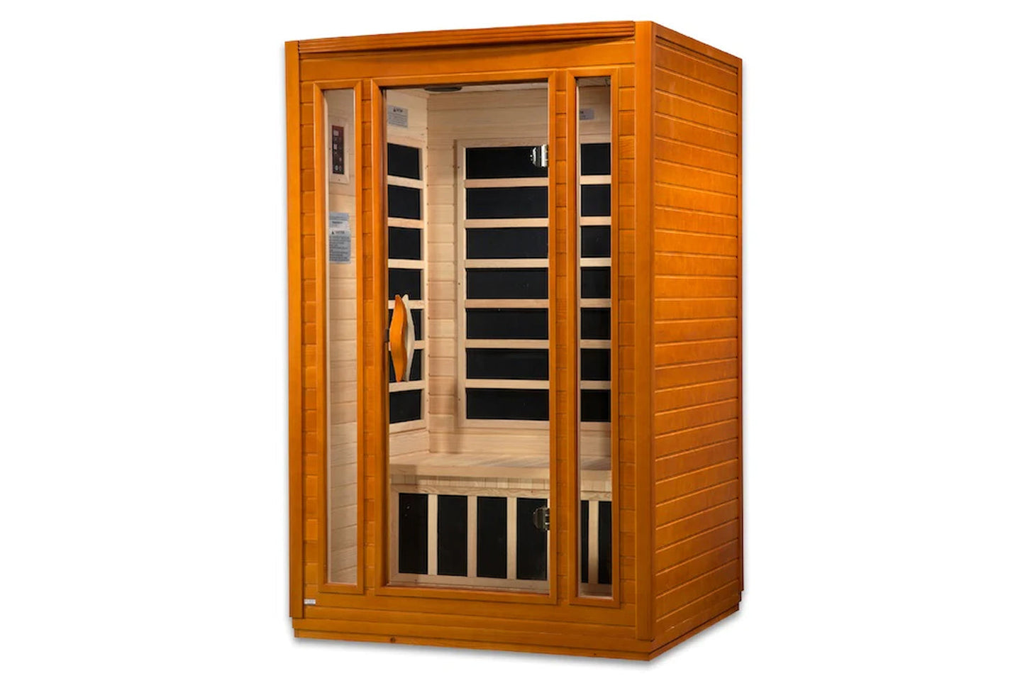 Golden wood infrared sauna cabinet with glass front door panels, interior wooden benches, and black carbon heaters visible in