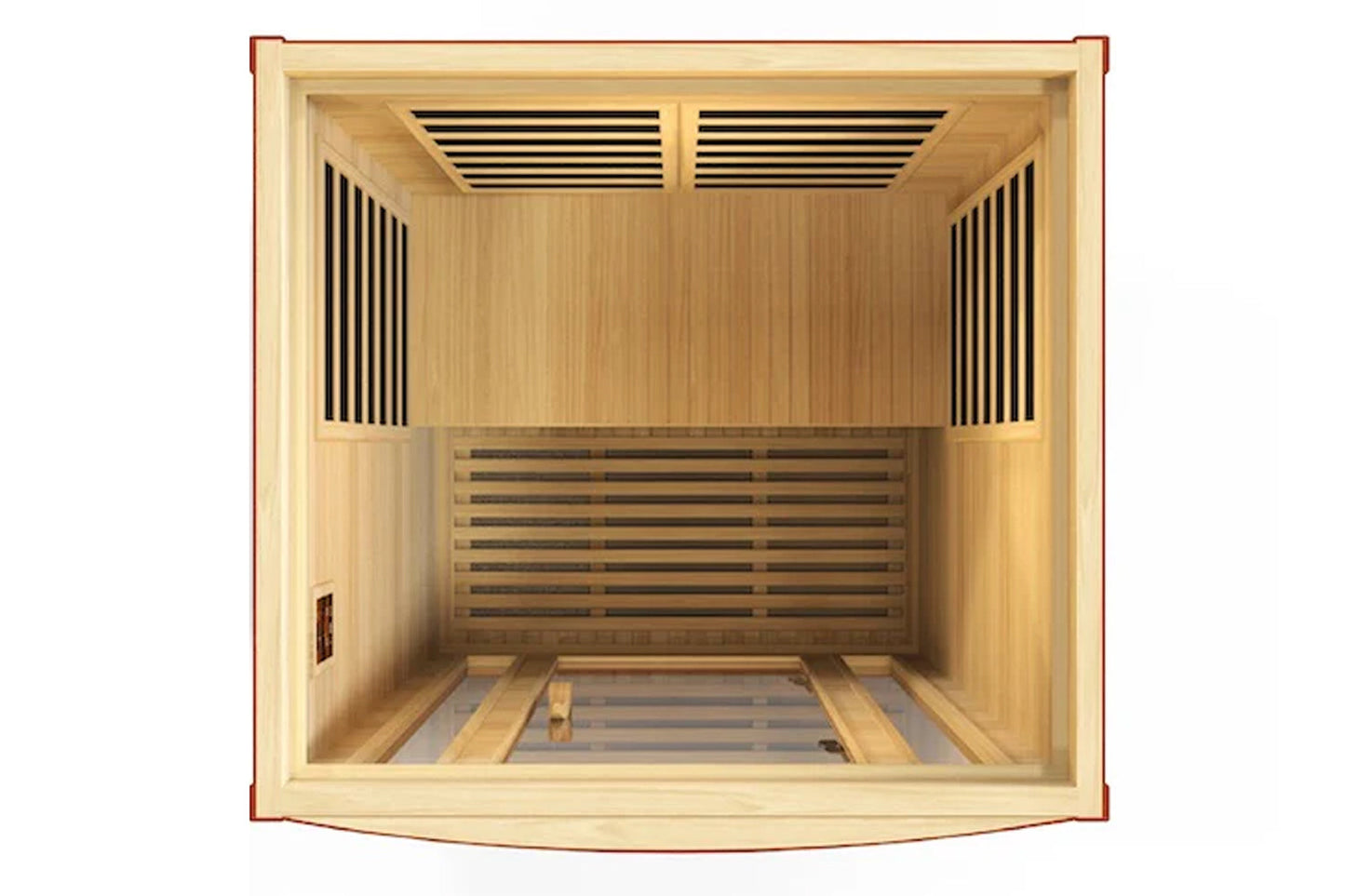 Natural hemlock wood infrared sauna with two bench seats, black vents, and dark honey finish, interior view from above