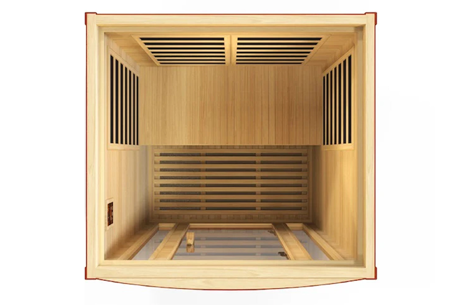 Natural hemlock wood infrared sauna with two bench seats, black vents, and dark honey finish, interior view from above