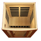 Two-person infrared sauna with dark honey and hemlock wood construction, viewed from above showing interior wooden benches an