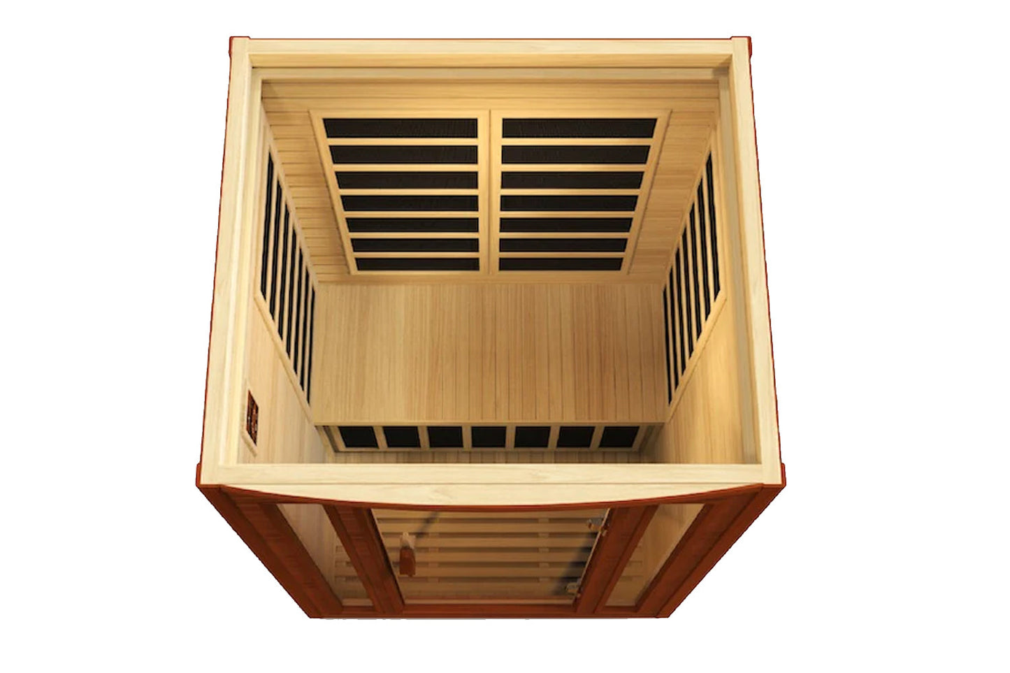 Two-person infrared sauna with dark honey and hemlock wood construction, viewed from above showing interior wooden benches an