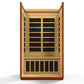 Two-person infrared sauna with light wood interior, dark window panes, dark honey frame, and red-brown exterior on white back