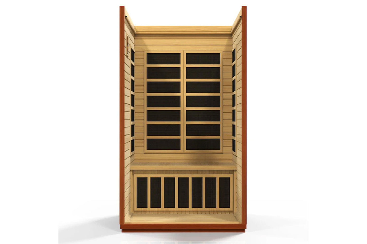Two-person infrared sauna with light wood interior, dark window panes, dark honey frame, and red-brown exterior on white back