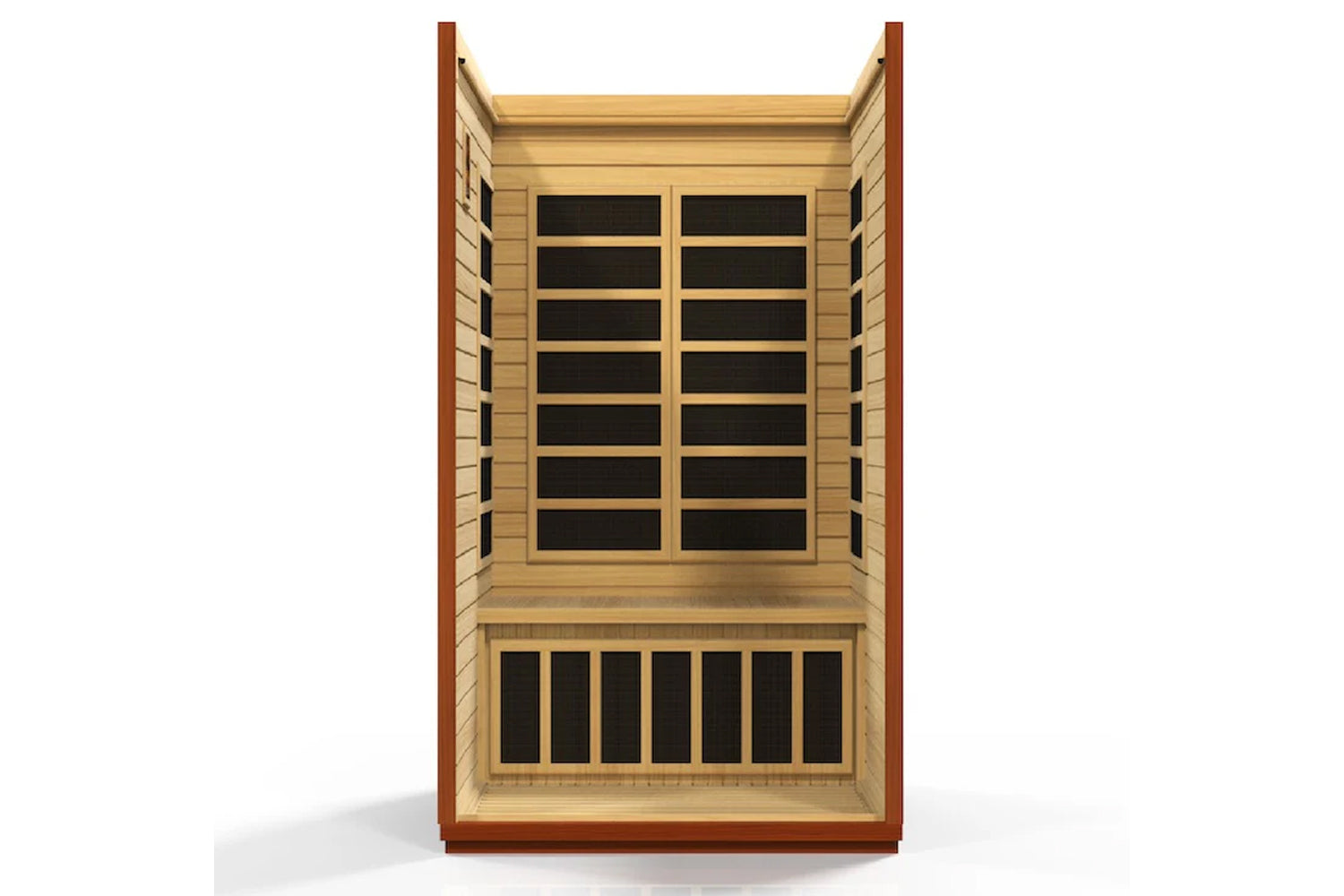 Two-person infrared sauna with light wood interior, dark window panes, dark honey frame, and red-brown exterior on white back
