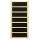 Natural wood sauna with seven horizontal black panels separated by light wood dividers, shown on white background