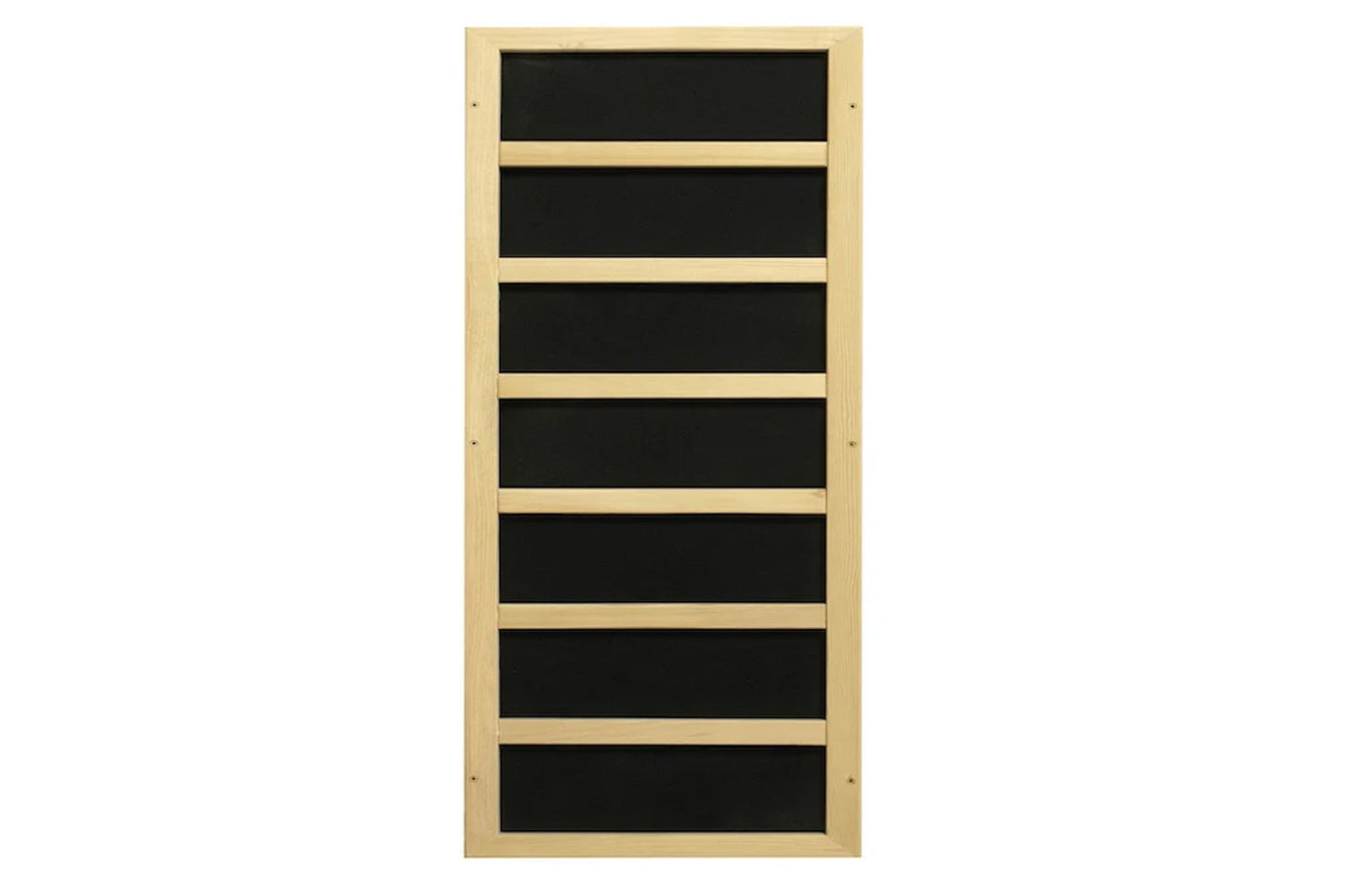 Natural wood sauna with seven horizontal black panels separated by light wood dividers, shown on white background