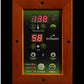 Dynamic Saunas digital control panel with wood frame, displaying temperature 198°F, time 58 minutes, and buttons for power, h