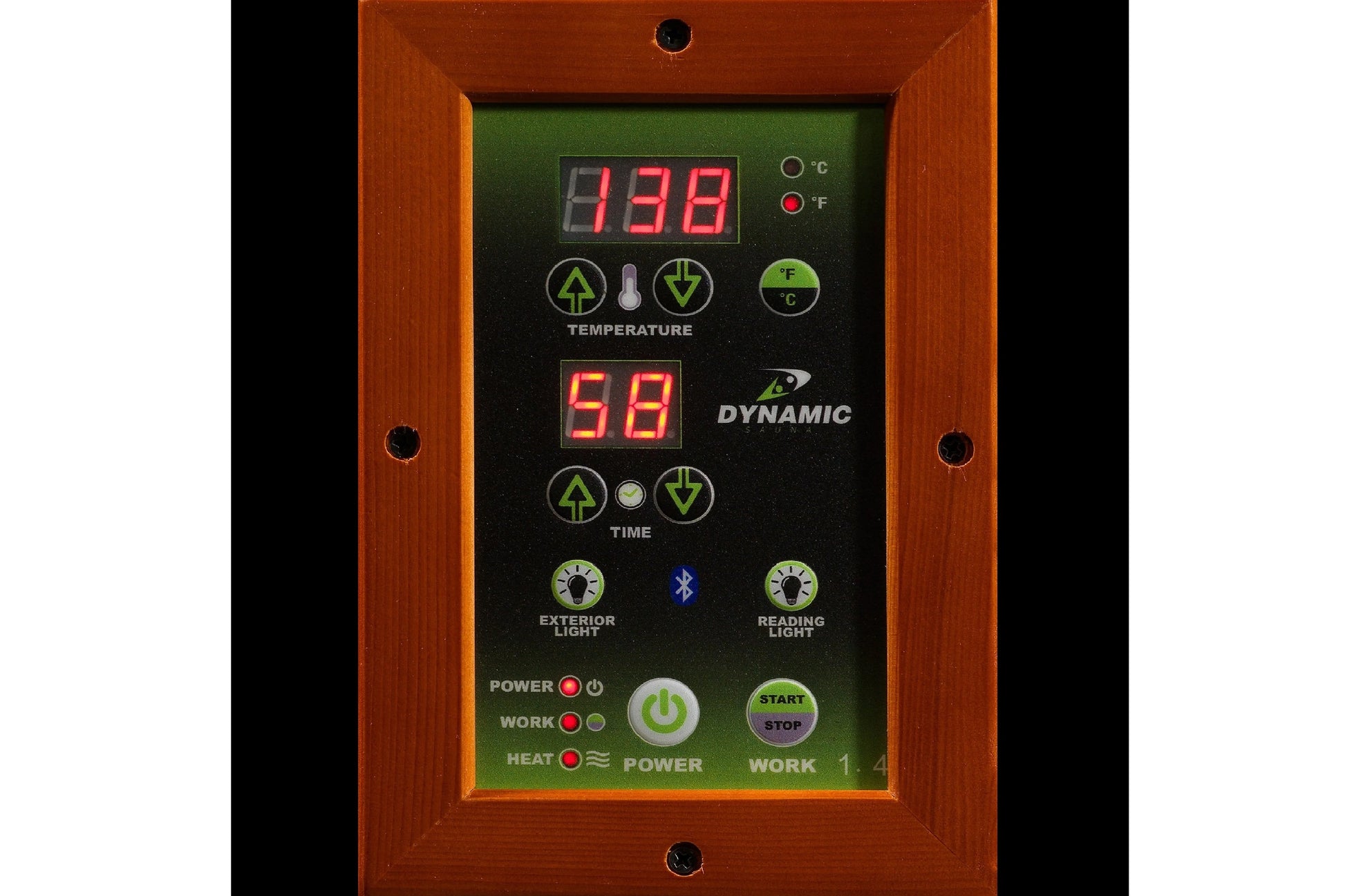 Dynamic Saunas digital control panel with wood frame, displaying temperature 198°F, time 58 minutes, and buttons for power, h