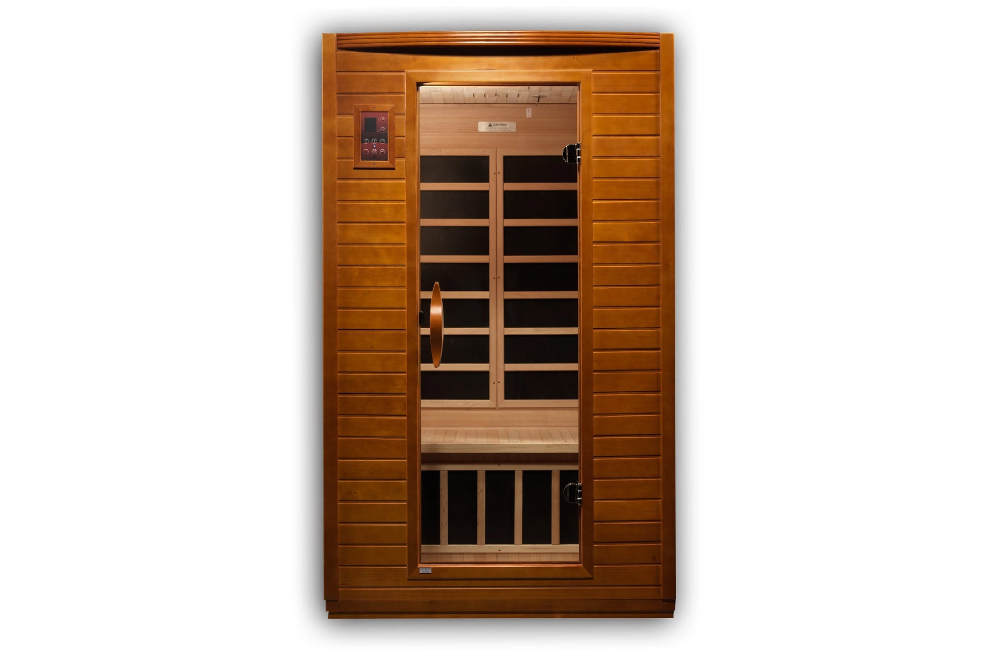Cedar wood infrared sauna with glass front door, black interior benches, digital control panel, and wood-plank exterior on wh