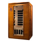 Cedar wood infrared sauna cabin with glass door, red digital control panel, and black heating elements visible inside, on whi