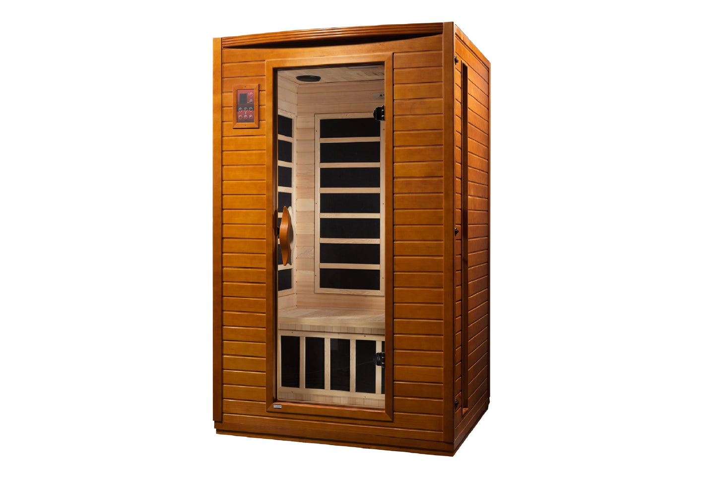 Cedar wood infrared sauna cabin with glass door, red digital control panel, and black heating elements visible inside, on whi