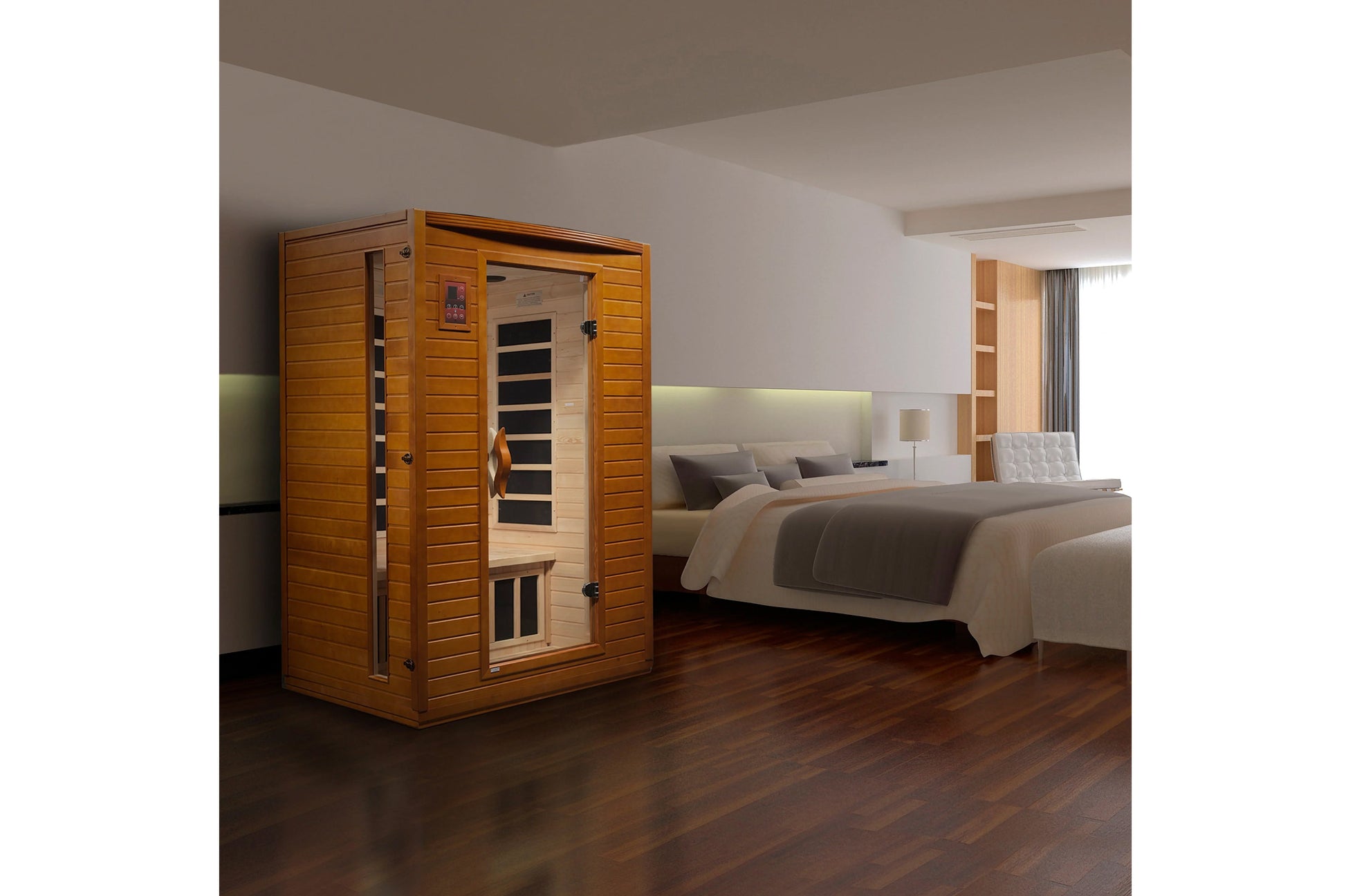 Two-person infrared sauna with golden-brown wood exterior and glass door, displayed in modern bedroom setting
