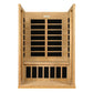Natural wood two-person far infrared sauna with black glass panels and heating elements, front-facing view on white backgroun
