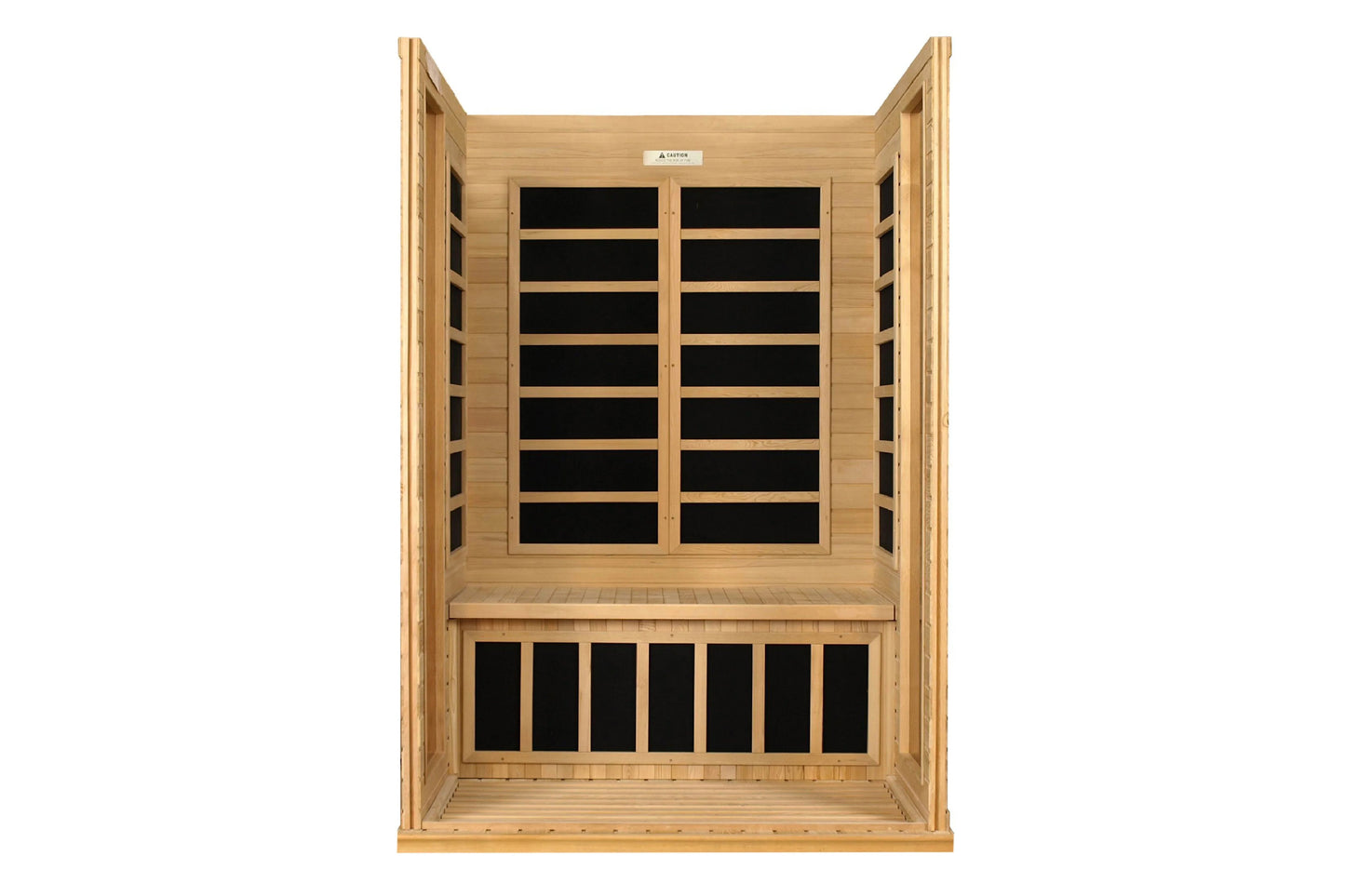 Natural wood two-person far infrared sauna with black glass panels and heating elements, front-facing view on white backgroun