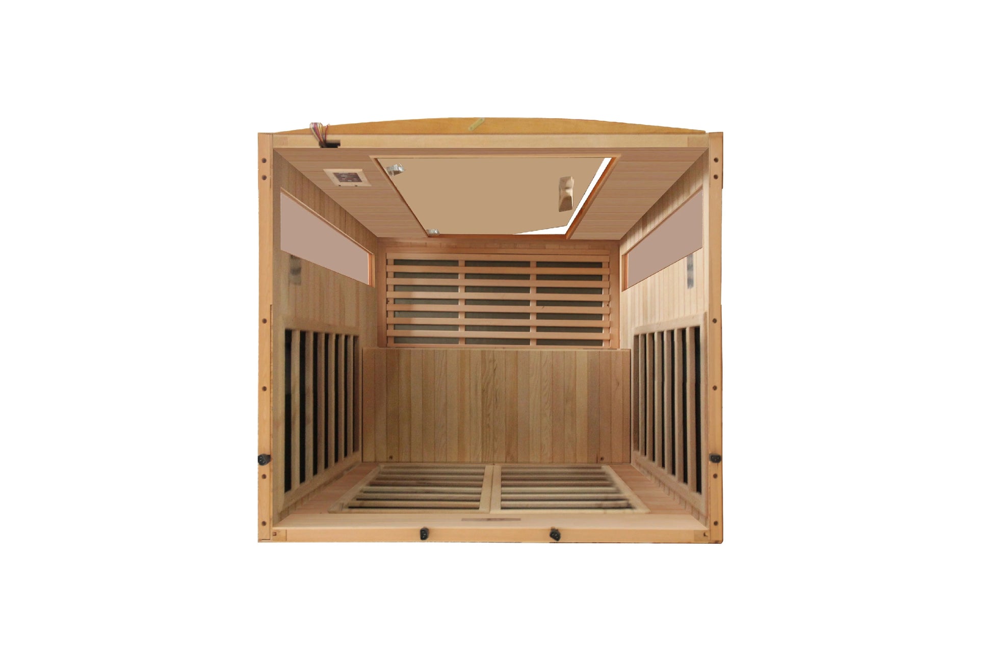 Interior view of light wood sauna cabin with benches, slatted backrest, glass door panels, ceiling vents, and control panel o