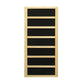 Natural wood frame sauna with black interior panels and horizontal wood slat dividers, front view on white background