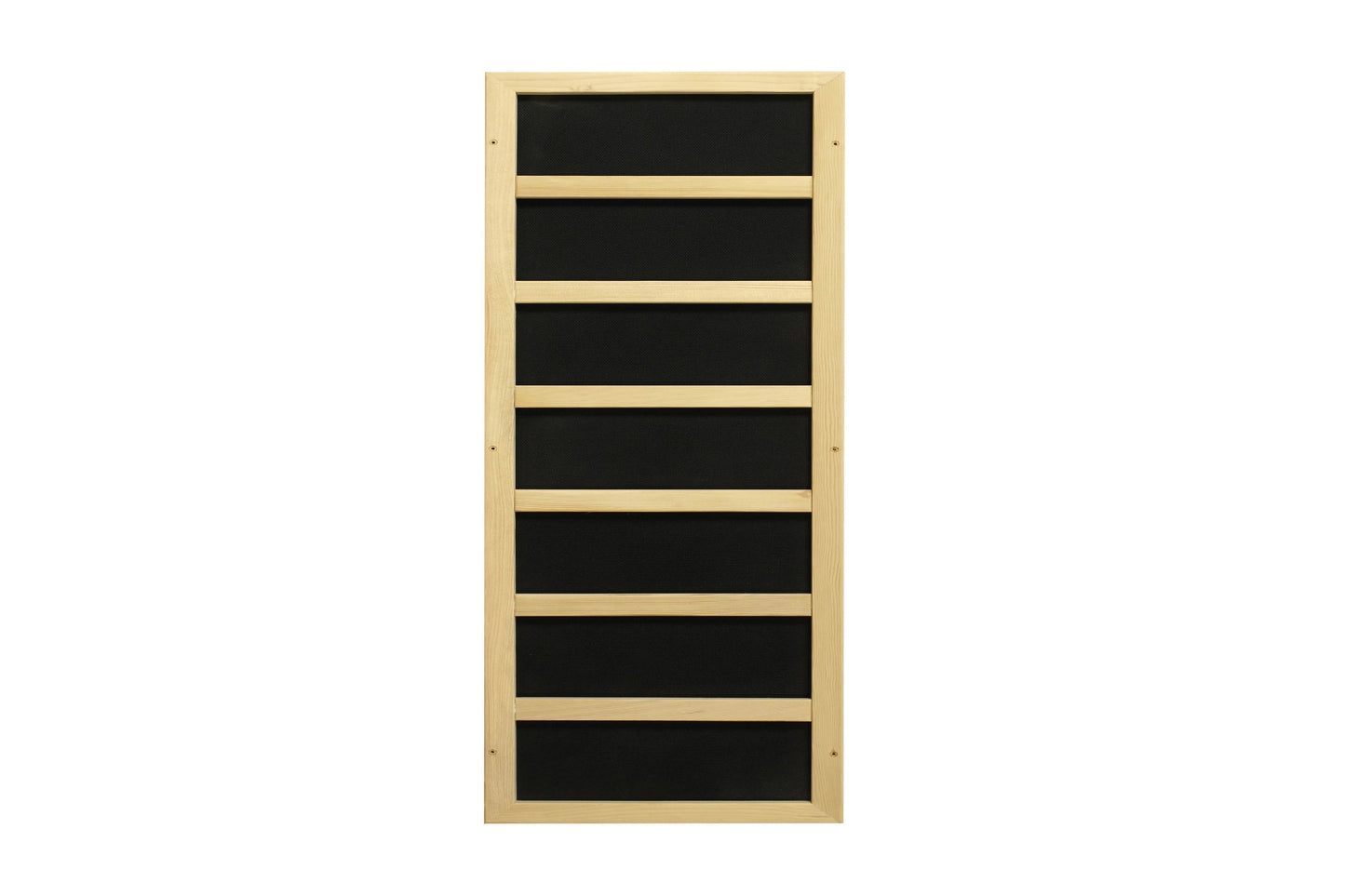Natural wood frame sauna with black interior panels and horizontal wood slat dividers, front view on white background